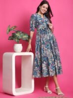 Women Fit and Flare Multicolor Below Knee Dress - Image 7