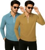 HELMONT Pack of 2 Men Self Design Zip Neck Polyester Beige, Green T-Shirt[AA1097/101]