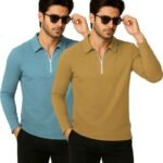 HELMONT Pack of 2 Men Self Design Zip Neck Polyester Beige, Green T-Shirt[AA1097/101]