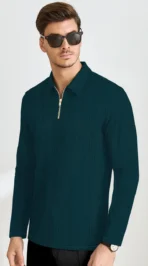 Men Self Design Zip Neck Polycotton Dark Green T-Shirt  [AA1102/125] - Image 3