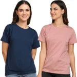 Pack of 2 Women Solid Round Neck Cotton Blend Pink, Blue T-Shirt [AA1102/131]