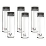 CELLO H2O Glass Fridge Water Bottle with Plastic Cap Set of 6, 920ml, Black | Leakproof & Durable | Wide Mouth, Easy To Clean | Multi Set Glass Water Bottle for Kitchen, Home, Office, Gym, Travel[AA1100/147]