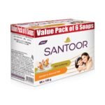 Santoor Skin Softening Sandal & Almond Milk Bathing Soap with Nourishing & Anti-Aging Properties| For Smooth & Soft and Younger-Looking Skin| For All Skin Types| 150g, Pack of 6[AA1100/134]
