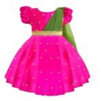 Stanwells Kids Gold & Peach Banarasi Silk Saree Frock for Baby Girls - Traditional Ethnic Dress for Birthday (6 Months-7 Years) [AA1096/191]