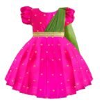 Stanwells Kids Gold & Peach Banarasi Silk Saree Frock for Baby Girls - Traditional Ethnic Dress for Birthday (6 Months-7 Years) [AA1096/191]
