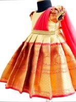 Stanwells Kids Gold & Peach Banarasi Silk Saree Frock for Baby Girls - Traditional Ethnic Dress for Birthday (6 Months-7 Years) - Image 2