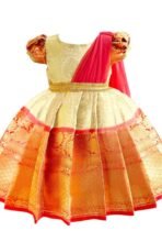 Stanwells Kids Gold & Peach Banarasi Silk Saree Frock for Baby Girls - Traditional Ethnic Dress for Birthday (6 Months-7 Years)