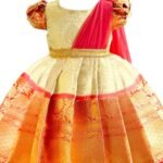 Stanwells Kids Gold & Peach Banarasi Silk Saree Frock for Baby Girls - Traditional Ethnic Dress for Birthday (6 Months-7 Years)