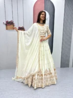 Julee Embroidered Semi Stitched Lehenga Choli (White) 4.2 | 38[AA1098]
